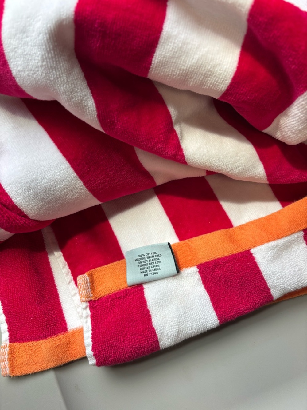 Striped Beach Towel with Orange Trim - Red & White
